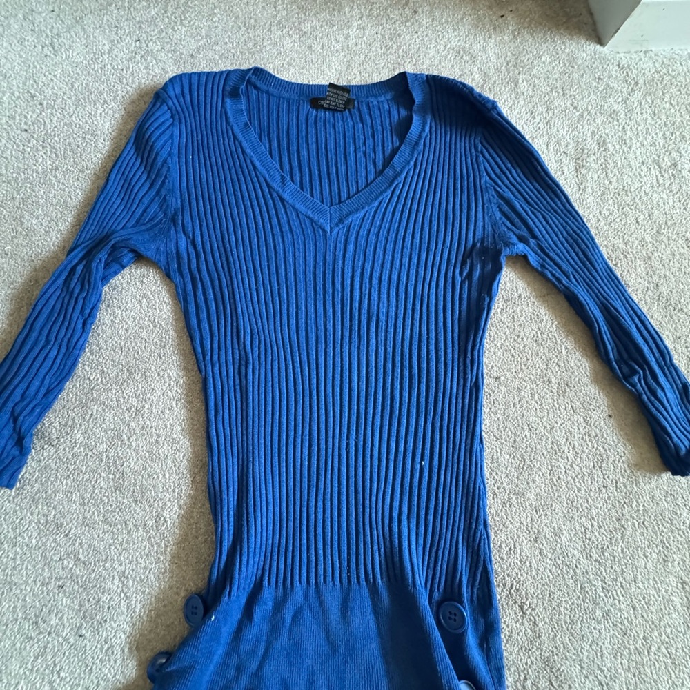Blue Ribbed V-Neck Women's Top